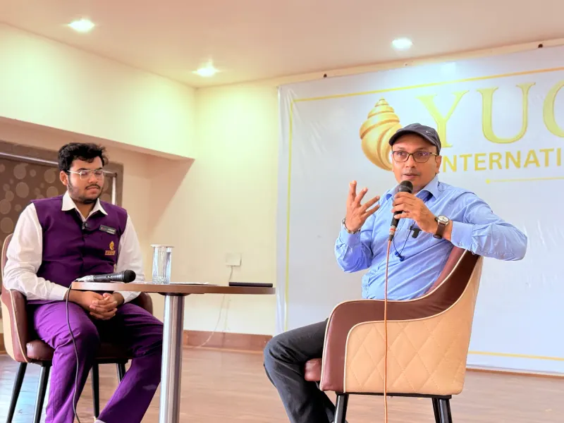 The guest speaker answering a student question during Samvaad Episode 18