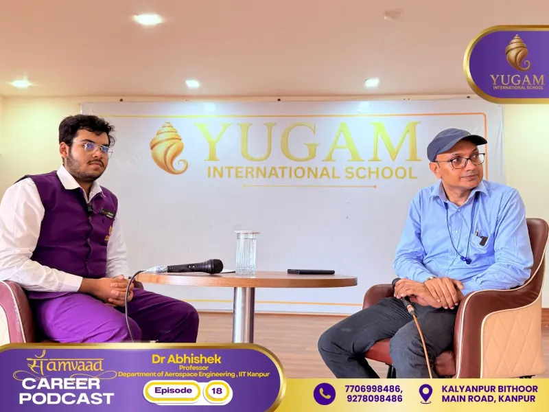 The Samvaad Career Podcast Episode 18 set, with guest Dr Abhishek of the Department of Aerospace Engineering, IIT Kanpur