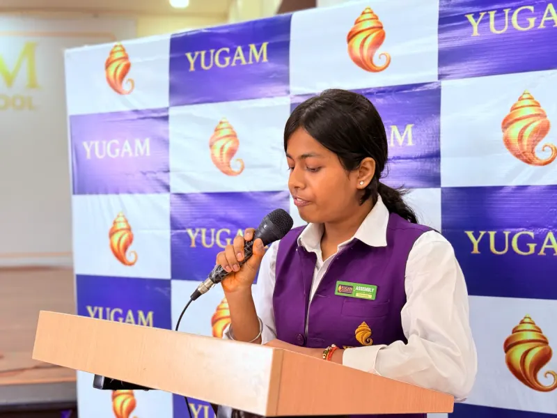 A Yugam student addressing the audience at the Samvaad career podcast