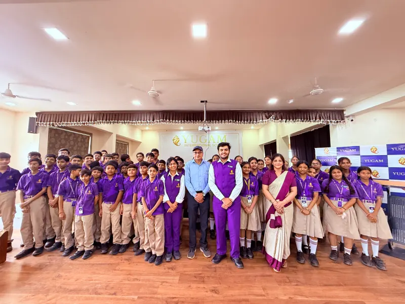 Students and teachers with the guest speaker after the Samvaad recording