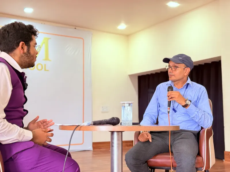 The student host in conversation with the guest speaker at the Samvaad career podcast